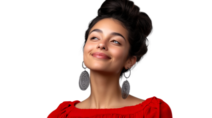 Smiling woman looking upward with earrings, cut out transparent
