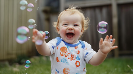 Happy baby enjoying a sunny day playing with bubbles in the backyard