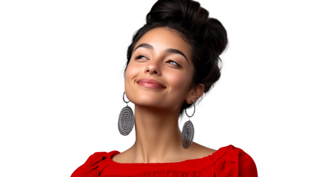 Smiling woman looking upward with earrings, cut out transparent