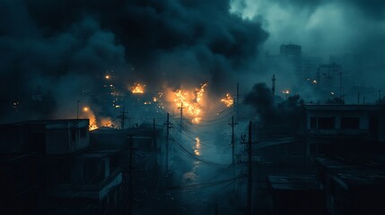 Obraz premium City Ablaze: An Apocalypse of Fire and Smoke Consumes Urban Landscape