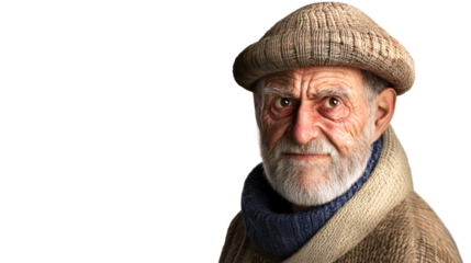 Wise old man with gray beard and hat portrait, cut out transparent