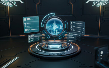 A futuristic digital interface displays a holographic cityscape with floating data panels in a high-tech environment.
