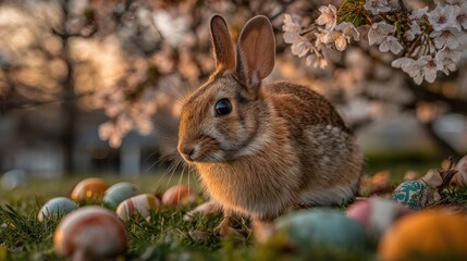 Fototapeta premium Cute Bunny Rabbit Among Colorful Easter Eggs Under Cherry Blossom Trees