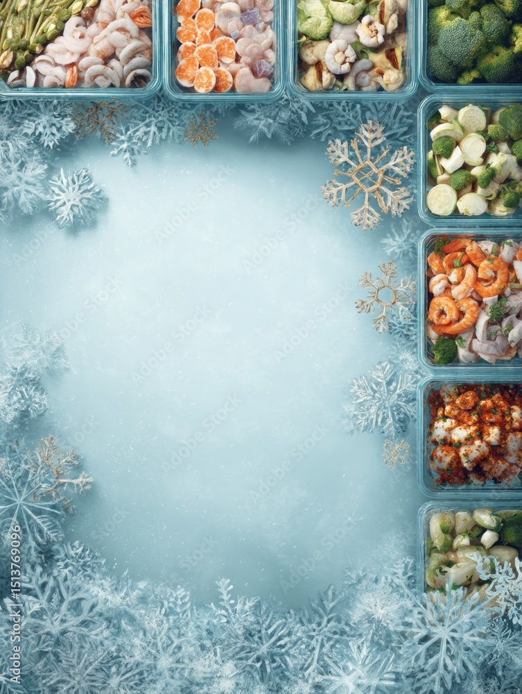 Poster Promoting Frozen Food Month With a Clean Mockup Featuring a Snowflake Frame and Diverse Product Grid