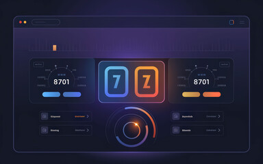 A sleek, modern digital dashboard interface with colorful controls, dials, and numerical displays, suggesting data analysis or gaming.