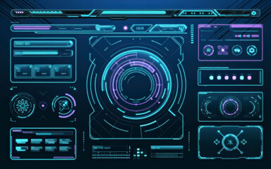 Futuristic digital user interface with neon blue and purple elements, displaying various data panels, icons, and circular graphs on a dark background.