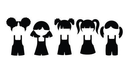 Cute Girl Silhouettes with Different Hairstyles in Black Vector Style.