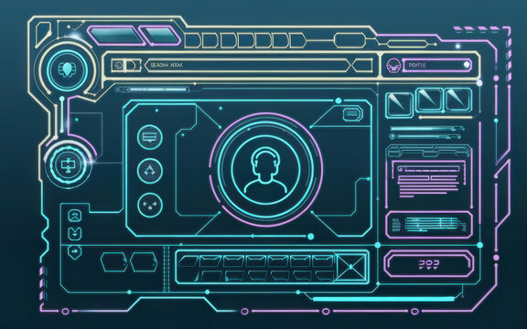 Futuristic digital interface with neon outlines, displaying user profile and control elements on a dark background. - Powered by Adobe
