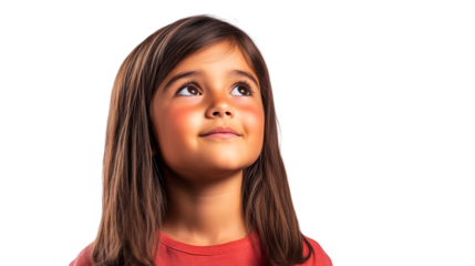 Happy young girl looking upwards, hopeful expression, cut out transparent