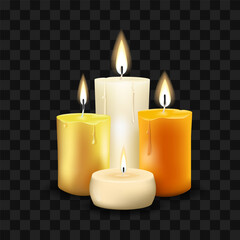 Burning candles isolated on transparent background. Composition of four wax candles. Vector illustration