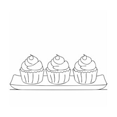 Three line art cupcakes on a serving tray outlined in black and white simple design