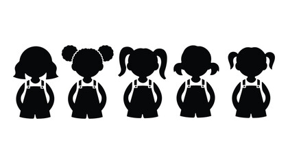 Cute Girl Silhouettes with Different Hairstyles in Black Vector Style.