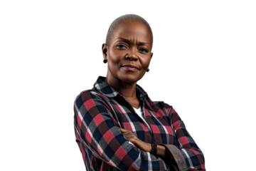 Woman in a plaid shirt with a suspicious look, cut out transparent
