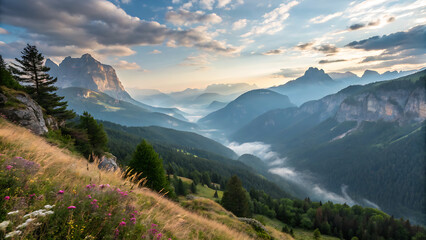 Obraz premium Seceda mountain at beautiful sunset in summer in Dolomites, Italy. Colorful landscape with mountain peaks, rocks, alpine meadows, trail, green grass, purple sky with clouds. Hiking in Alps. Nature