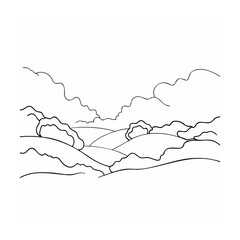 A simple black and white vector illustration depicting rolling hills and cloudy sky