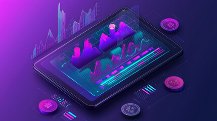 A tablet with a purple background and a lot of graphs and numbers