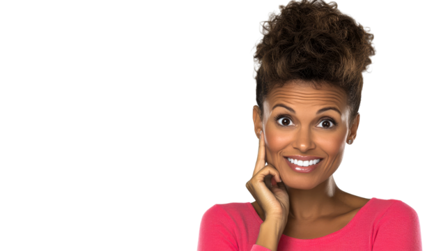 Woman smiling with hand to face, looking surprised, cut out transparent