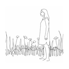 Minimalist line art depicting a woman standing amongst wildflowers in a meadow