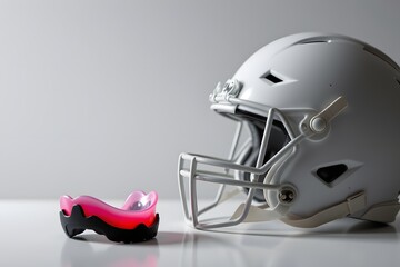 Fototapeta premium Gridiron Guardian: A close-up shot showcases a pristine football helmet beside a vibrant mouthguard, set against a soft, neutral backdrop.