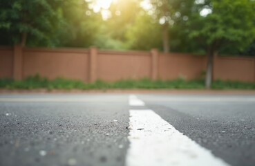 Road surface with white line. Asphalt highway road marking for transport, car traffic. Urban summer scene with green trees, brown wall background, sky. Road safety concept.