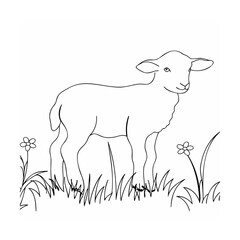 Adorable line art illustration of a lamb in a field with flowers on a white background