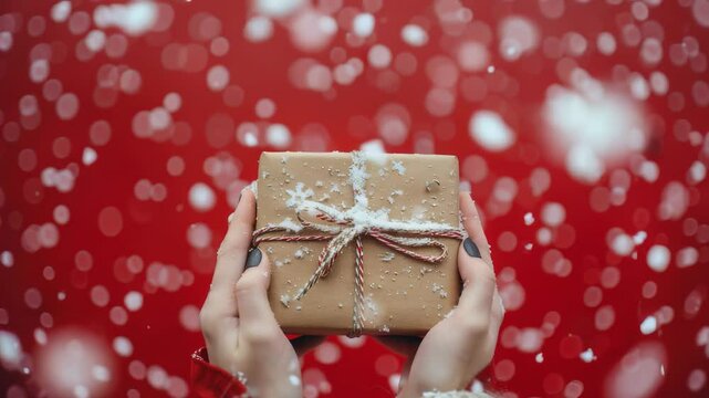 Hands hold a wrapped gift with twine and a snowflake, dusted with snow, against a red backdrop with bokeh and snowfall. 
