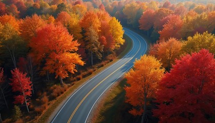 Obraz premium Aerial view of winding road through vibrant autumn forest. Trees ablaze with reds oranges yellows. Scenic landscape, perfect road trip destination during fall season.