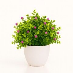 Naklejka premium Fresh basil plant with green leaves and delicate flowers in a white pot, isolated for a natural garden feel.