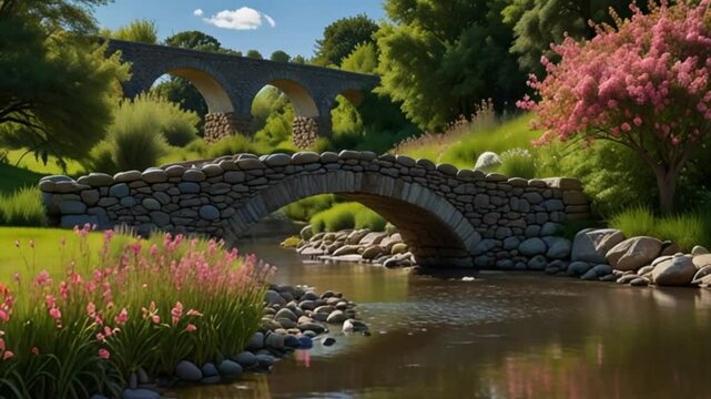 A small stone bridge arches gracefully over a gently flowing stream