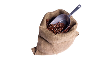 bag full of coffee beans on black with spatula