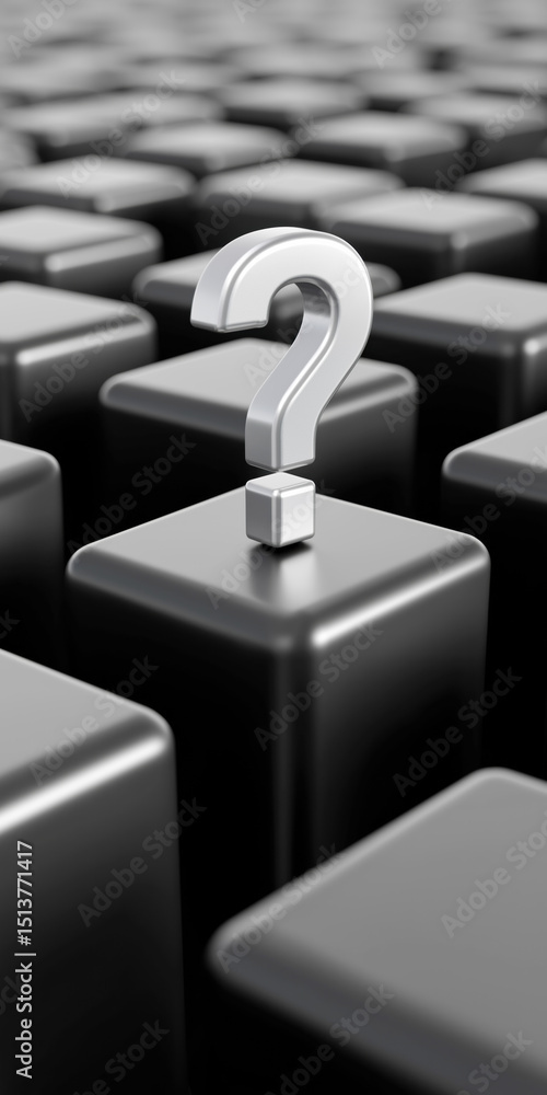 Poster a silver question mark is on top of a black cube. the cube is surrounded by other cubes, creating a 
