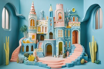 Fototapeta premium Whimsical pastel-colored miniature castle nestled in a blue room, featuring playful architectural details, staircases, and desert plants