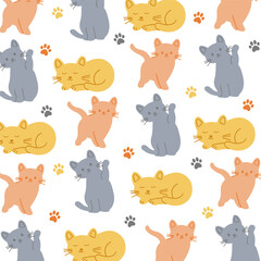 Seamless pattern of cute hand drawn cartoon cats. Paw prints and colorful feline doodles. Adorable animal background for kids, pet lovers, nursery wallpaper, fabric, and digital design. 