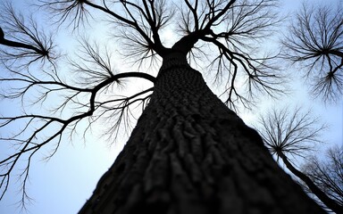 Low Angle View of a Tree Trunk with Dark Bark and Branches Against a Bright Sky. High quality