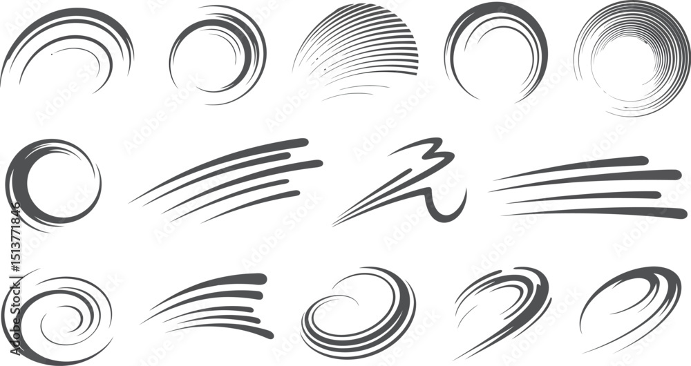 Poster a collection of various abstract speed lines and circular motion graphics in grayscale on white back