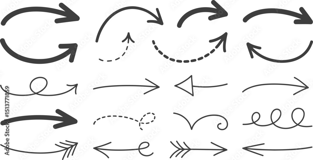 Poster a collection of hand drawn arrows in various styles and directions on a white background for design 