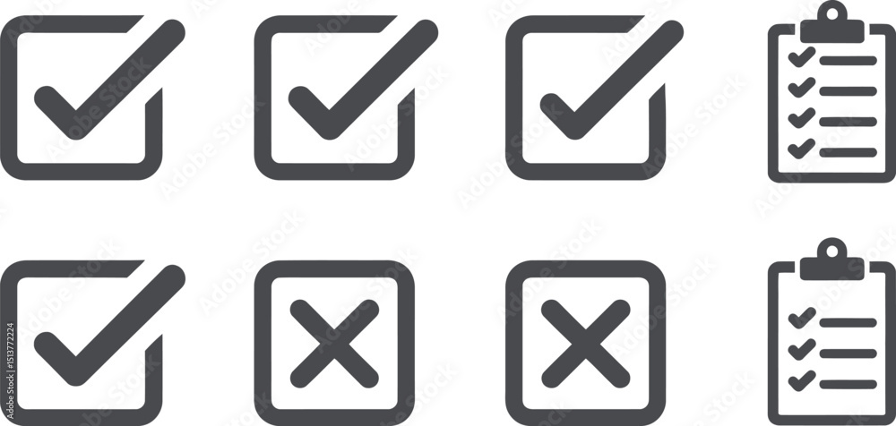 Aufkleber a set of gray icons showing check marks and crosses in boxes and clipboards on a white background