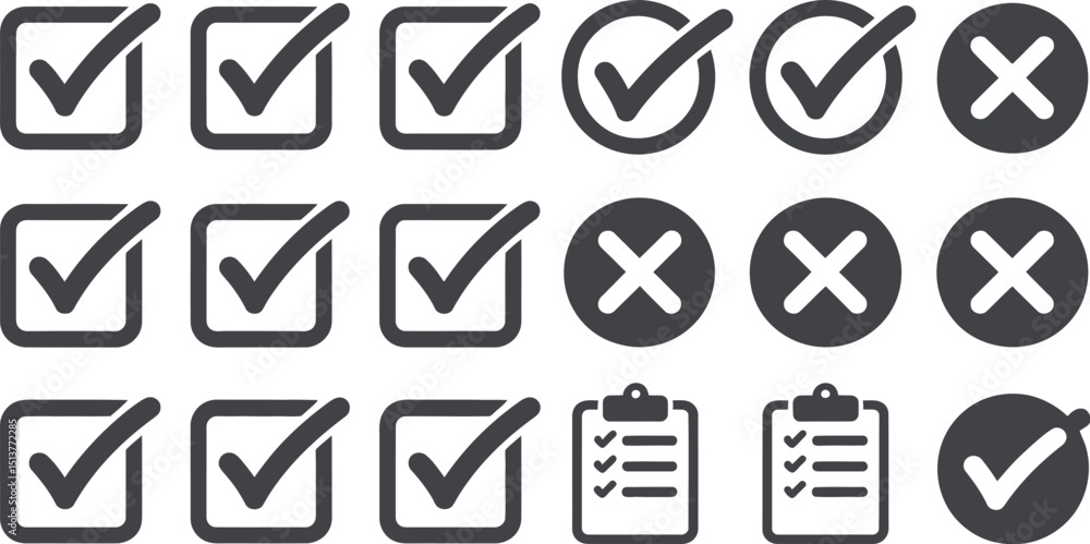 Poster a collection of check marks in squares and circles along with x marks and clipboards in dark gray