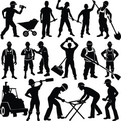Obraz premium Construction workers silhouettes diverse tools hard hats teamwork