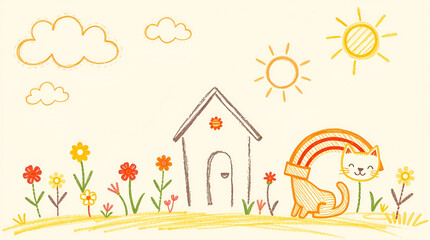 cheerful childs drawing of a house with a red roof, blue walls, and green grass, isolated on white background