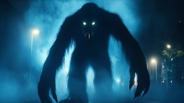 Huge Monster In A Foggy City At Night
