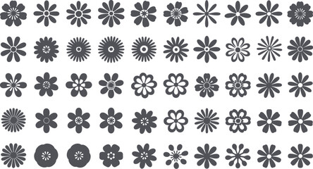 A collection of forty two different flower silhouettes arranged in rows on a white background