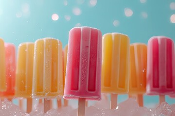 Colorful popsicles in various flavors, set against a bright summer backdrop. Refreshing dessert concept with room for text
