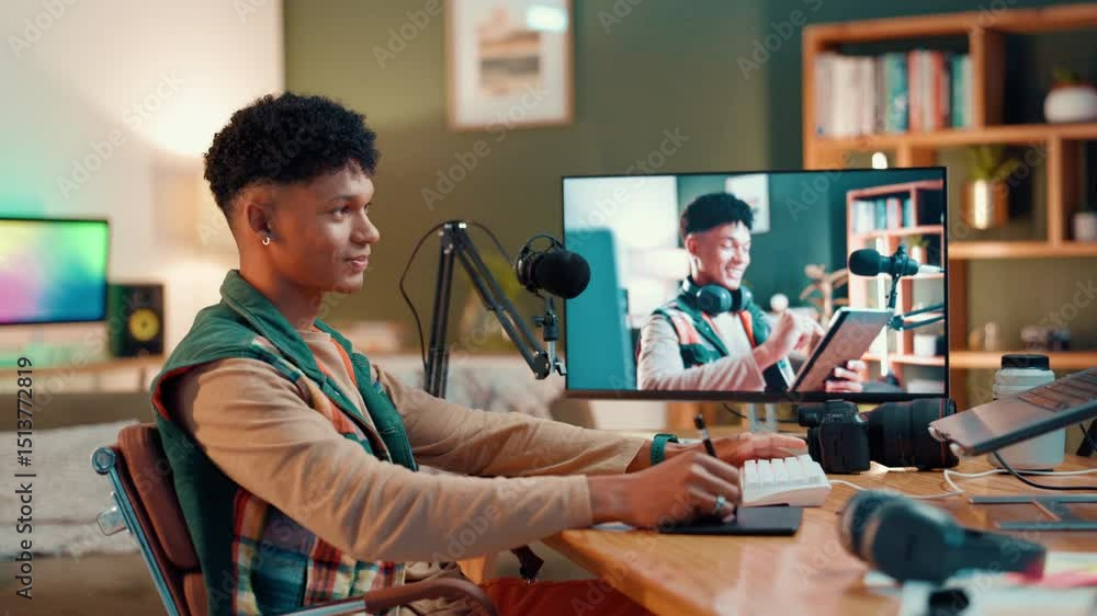 Poster man, influencer and editing with video, screen and smile with notes and review. monitor, digital tec