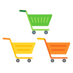 Colorful shopping carts in modern flat design for e-commerce platforms, copy space