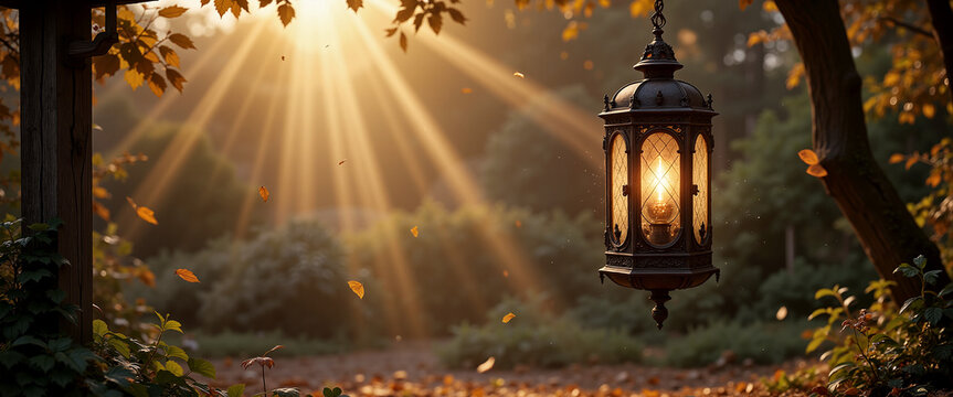 Lantern glowing in forest at dusk with sun rays — great for atmospheric scene design, blogs or cozy seasonal visual content