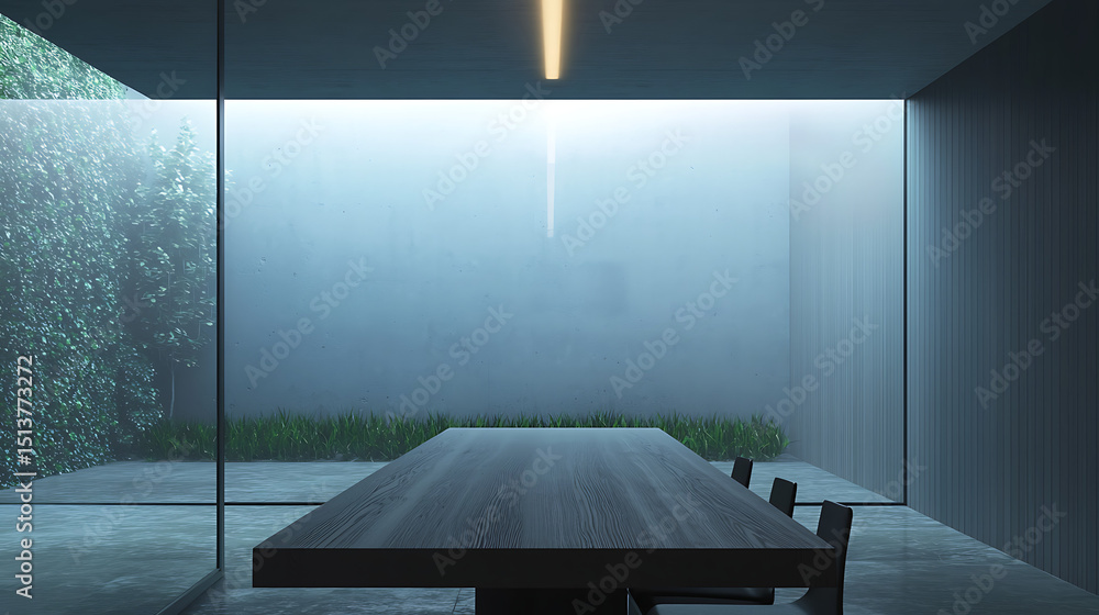 Poster a large wooden table with a few chairs around it sits in a room with a window