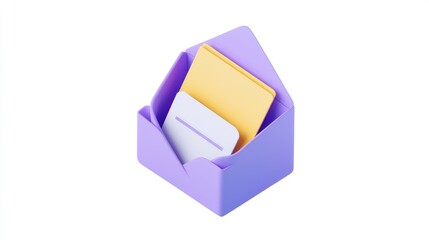 Isometric 3D rendering of a light purple envelope opened to reveal yellow and white cards inside