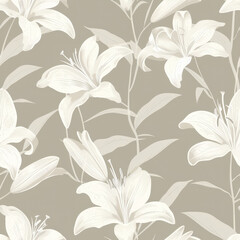 Elegant White Lilies on Taupe: A sophisticated seamless pattern featuring elegant white lilies on a taupe background. The design is perfect for various applications., seamless