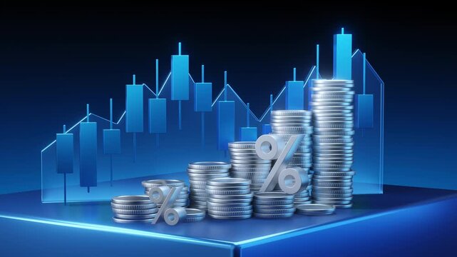 Abstract financial background with stacks of coins percentage symbols and a glowing candlestick chart visualizing investment growth and interest rates.